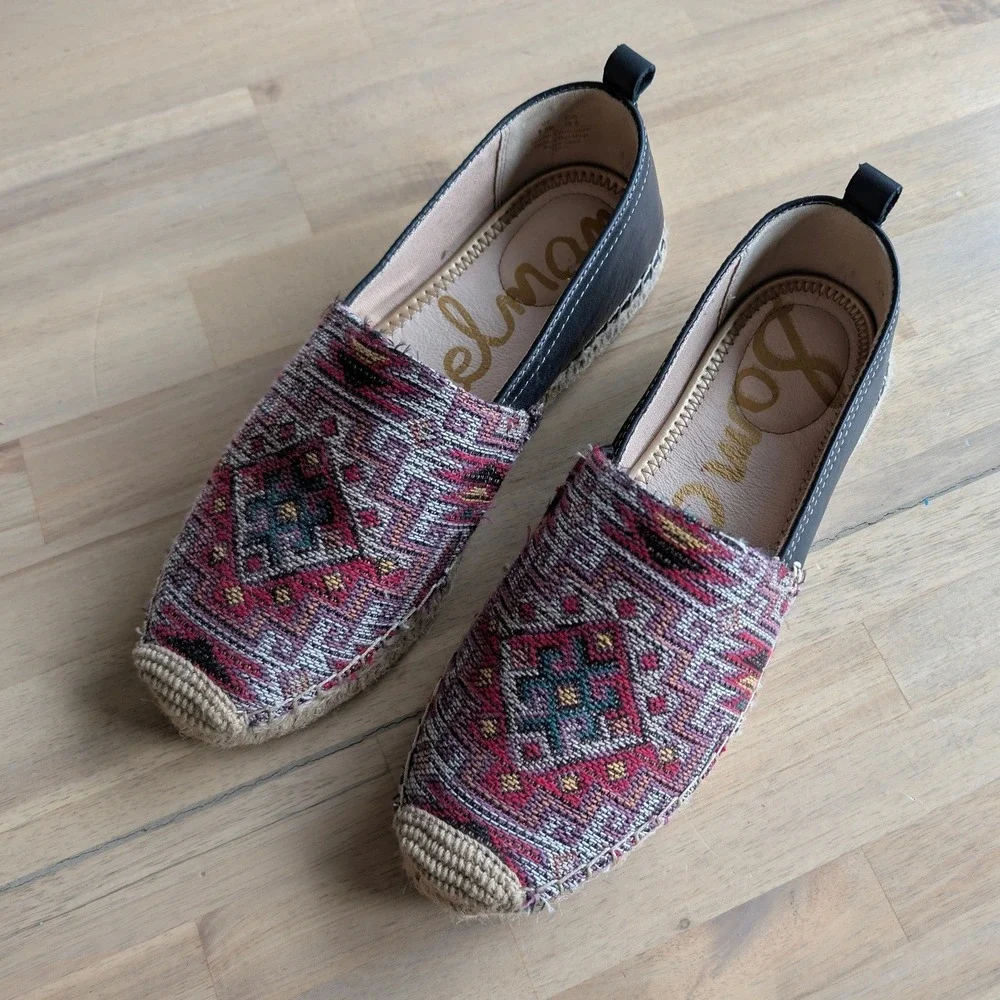 Sam Edelman Khloe Espadrille Flats Women Geo‎ Pattern Black Leather Size 8.5